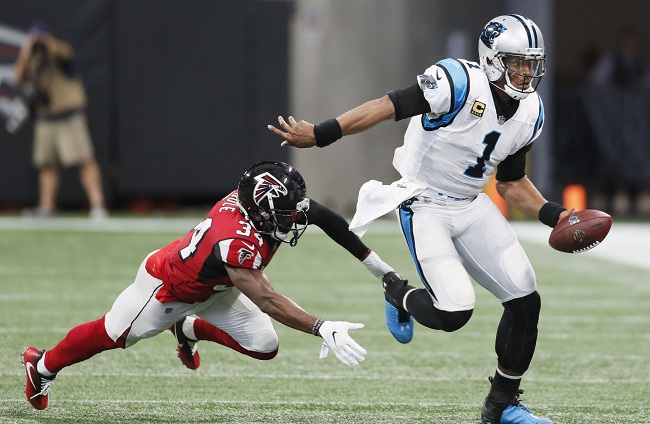 atlanta falcons give up early touchdown run to cam newton